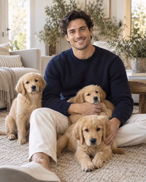 Illustrative AI portrait of a fictional adult man sitting with three golden retriever puppies