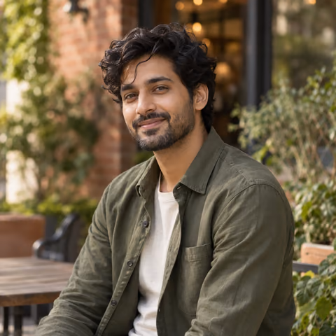 Illustrative AI portrait of a man in an olive overshirt at an outdoor café; fictional person, not a customer result