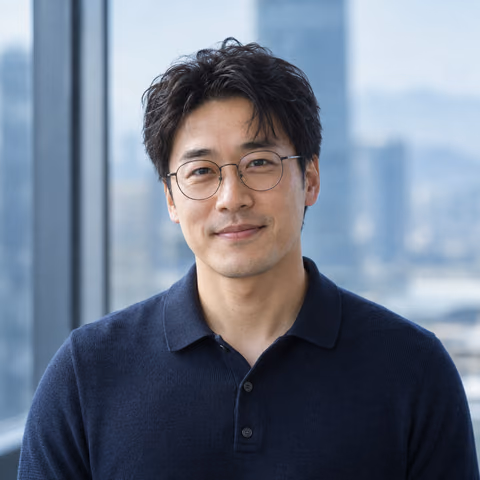 Illustrative AI portrait of a man with round glasses beside an office window; fictional person, not a customer result