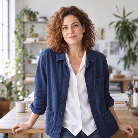 Illustrative AI portrait of a woman with auburn curls in a bright creative workspace; fictional person, not a customer result