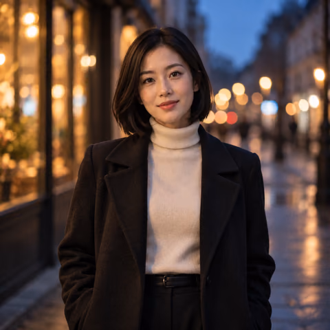 Illustrative AI portrait of a woman with a black bob on a city street at dusk; fictional person, not a customer result