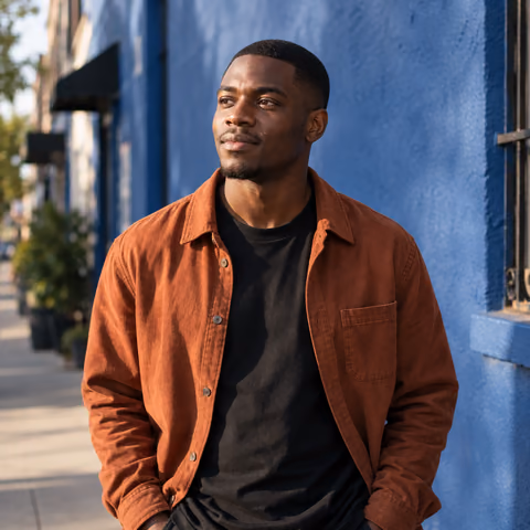 Illustrative AI portrait of a man in a rust overshirt beside a blue wall; fictional person, not a customer result