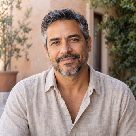 Illustrative AI portrait of a man with a salt-and-pepper beard in a sunlit courtyard; fictional person, not a customer result
