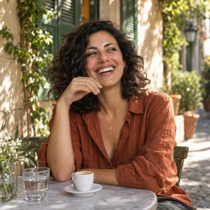Fictional reference: a woman with curly dark hair wearing a rust shirt at a café