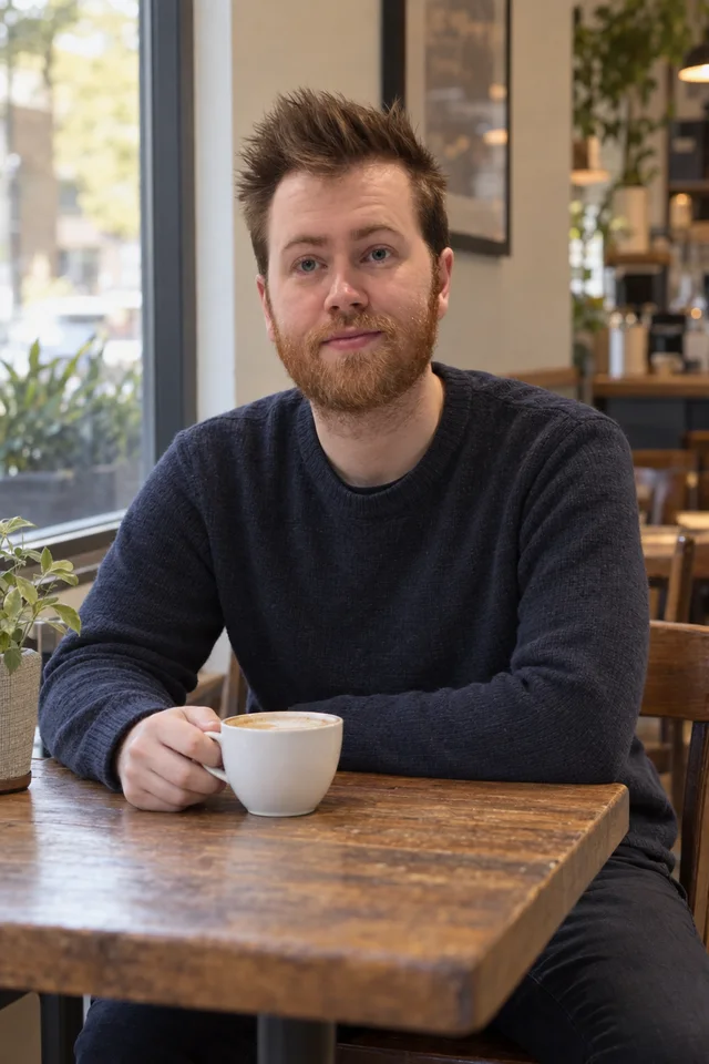 AI-generated portrait of Carl in a dark sweater holding a coffee cup at a café