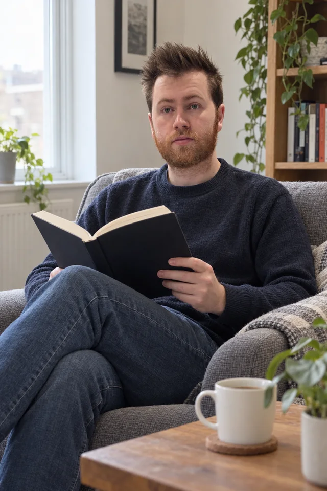 AI-generated portrait of Carl in a dark sweater reading a book in an armchair