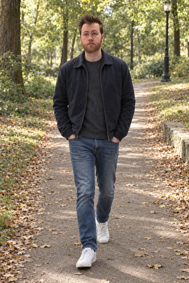 AI-generated full-length portrait of Carl in a jacket and jeans on a leafy park path