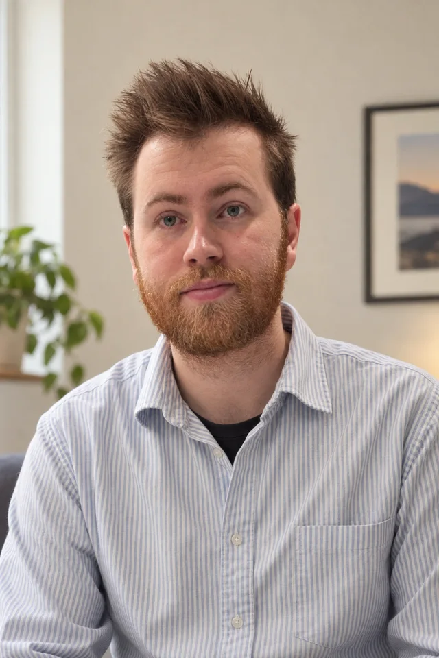AI-generated close portrait of Carl in a striped shirt beside a window